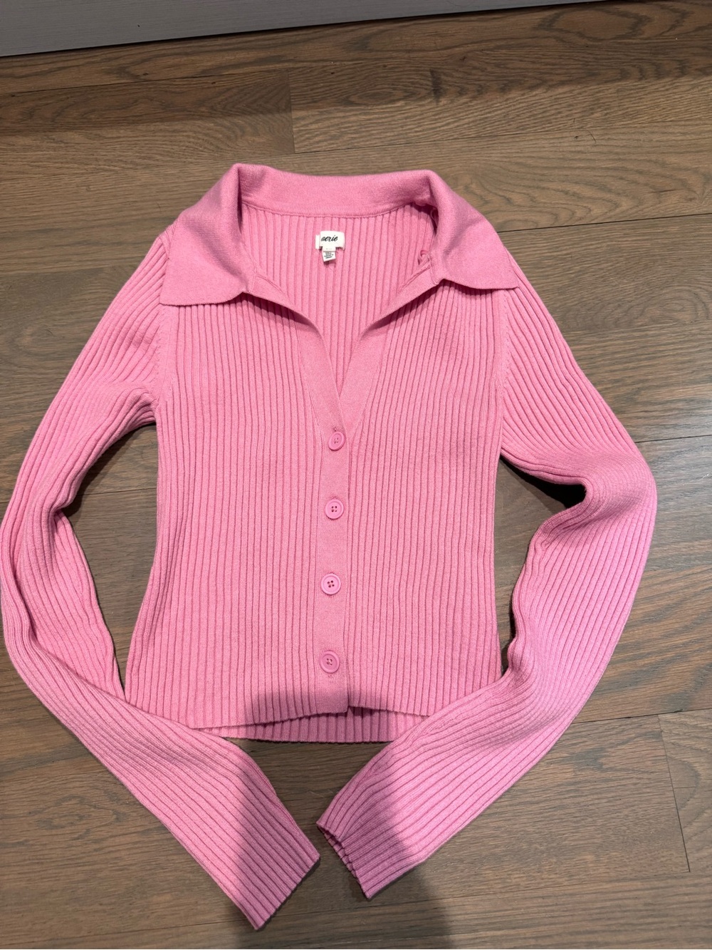 aerie Pink Ribbed V‑Neck Button Down Collared Sweater